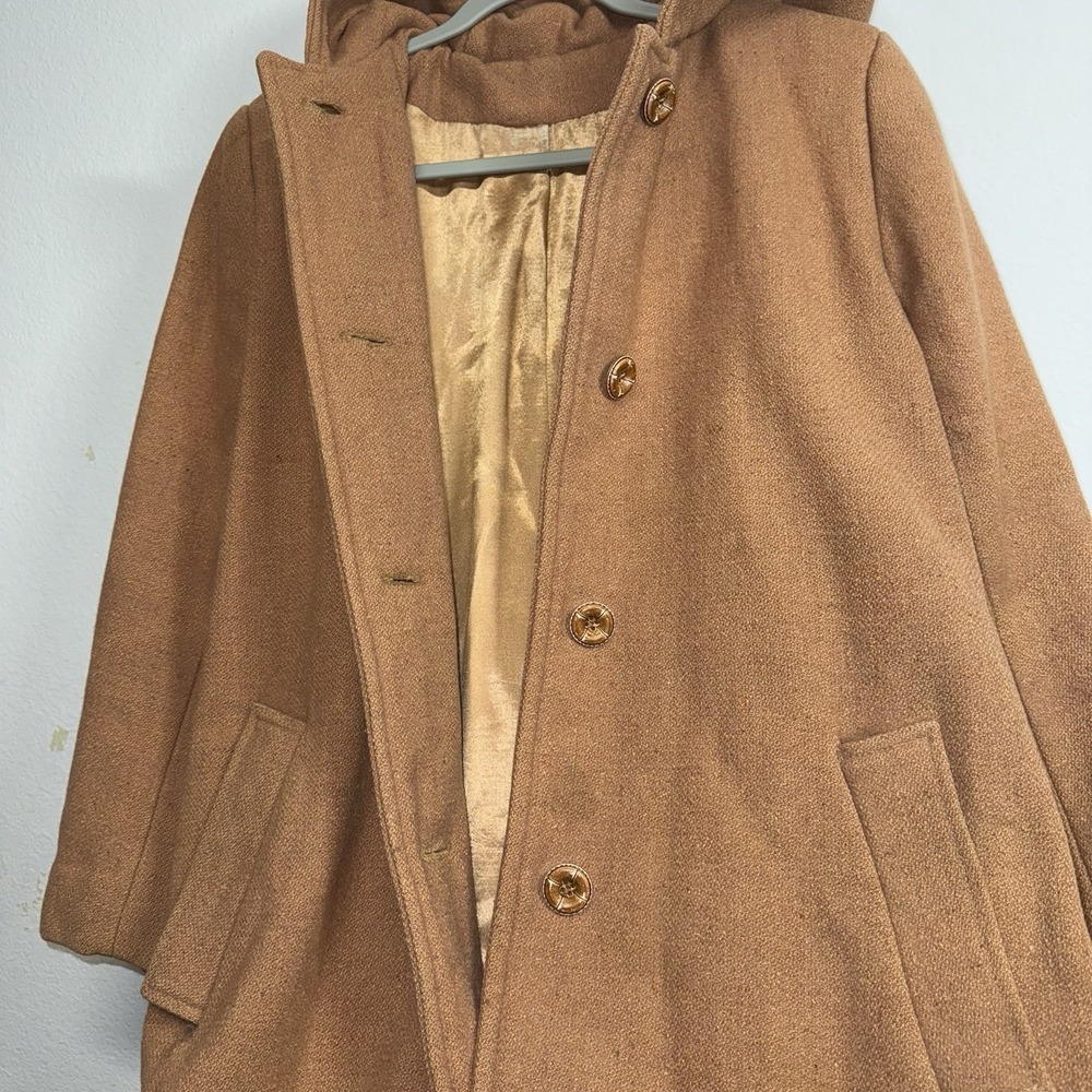 Vintage Hooded Wool Coat Camel Brown Long Lined Trench Women's Mid-Century PICS* - Picture 4 of 16